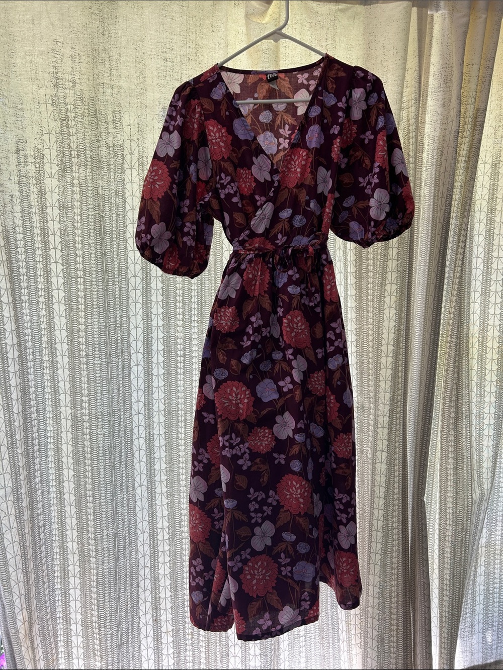 Tea Collection Burgundy Floral Midi Dress with Puff Sleeves